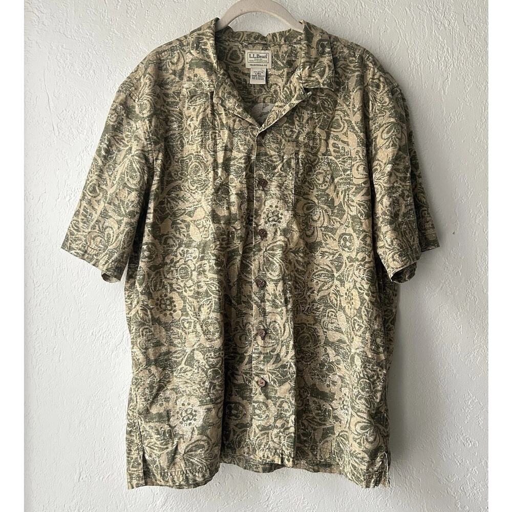 L.L. Bean Traditional Fit Shirt Men Large Green Floral Cotton Casual Resortwear